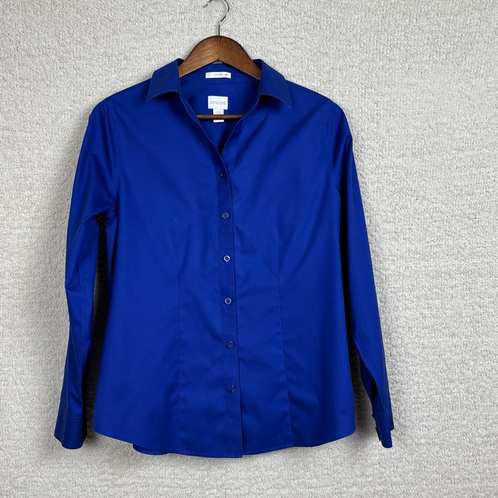 Chico's Top‎ Womens 0/S Blue Non Iron Long Sleeve Cotton Collared Button Down
